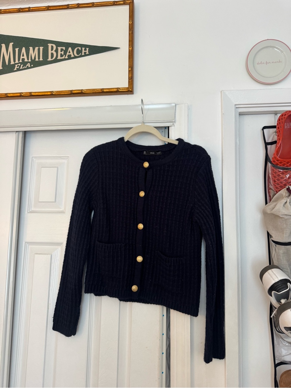 Mango Navy Ribbed Knit Sweater with Gold Emblem Button